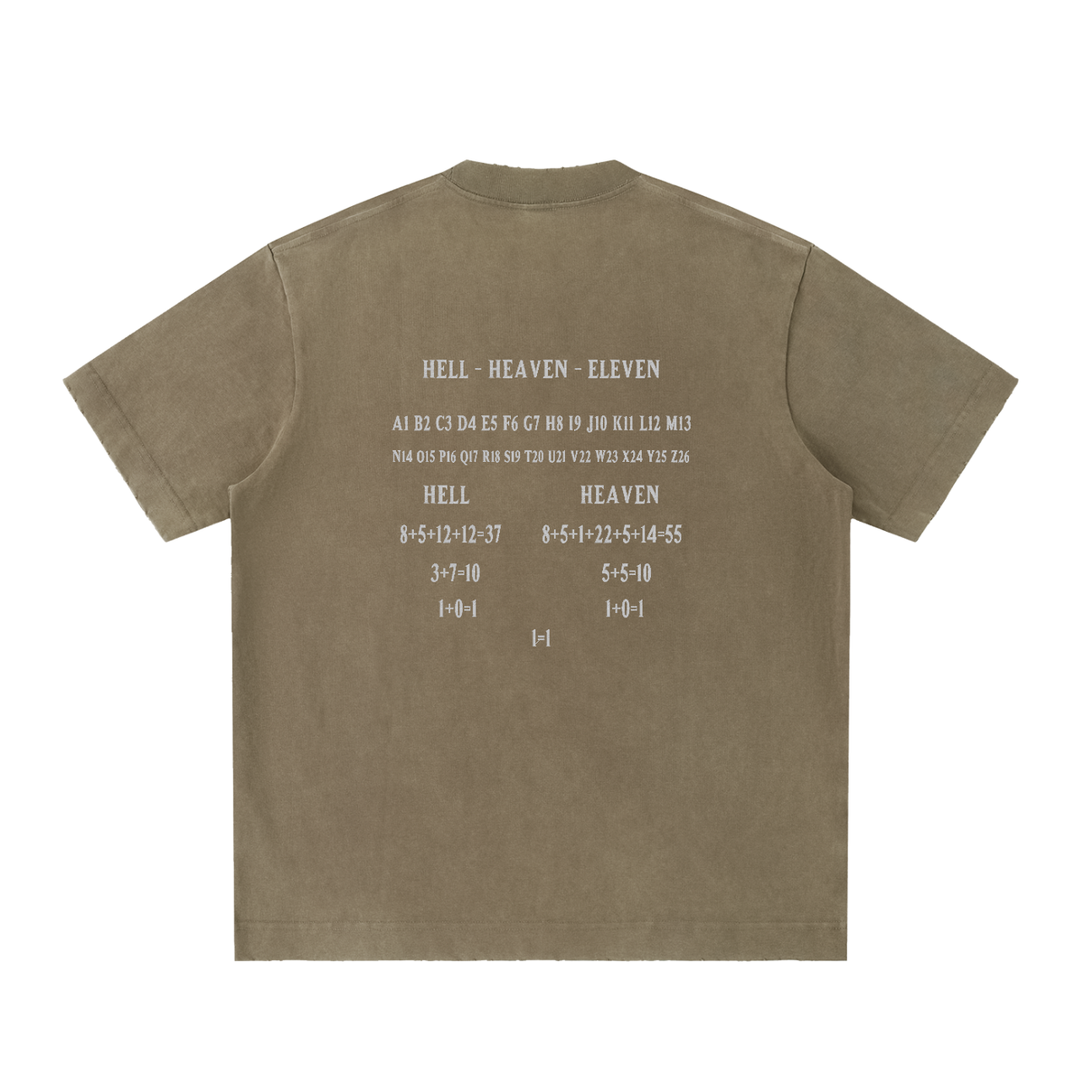 HE1=1EAVEN Alpha Numeric Reduction Embroidered Heavyweight Vintage Washed Frayed T-Shirt