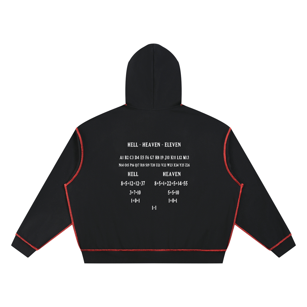 HE1=1EAVEN Alpha Numeric Reduction Embroidered Unisex Boxy Heavyweight Topstitch Hoodie