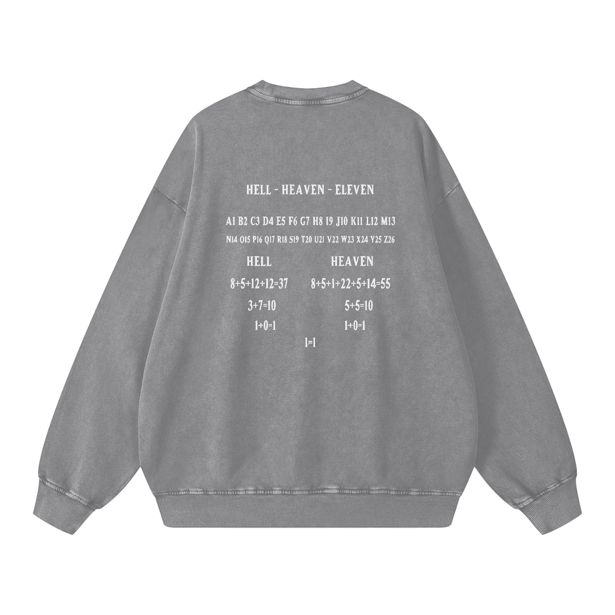 HE1=1EAVEN Alpha Numeric Reduction Embroidered Snow Washed Oversized Sweatshirt