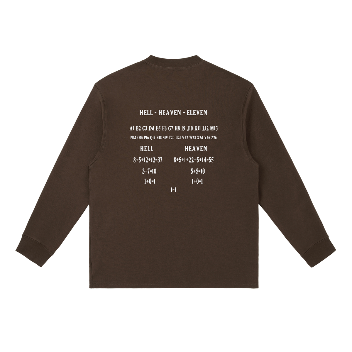 HE1=1EAVEN Alpha Numeric Reduction Embroidered Essential Crewneck Long-Sleeve T-Shirt