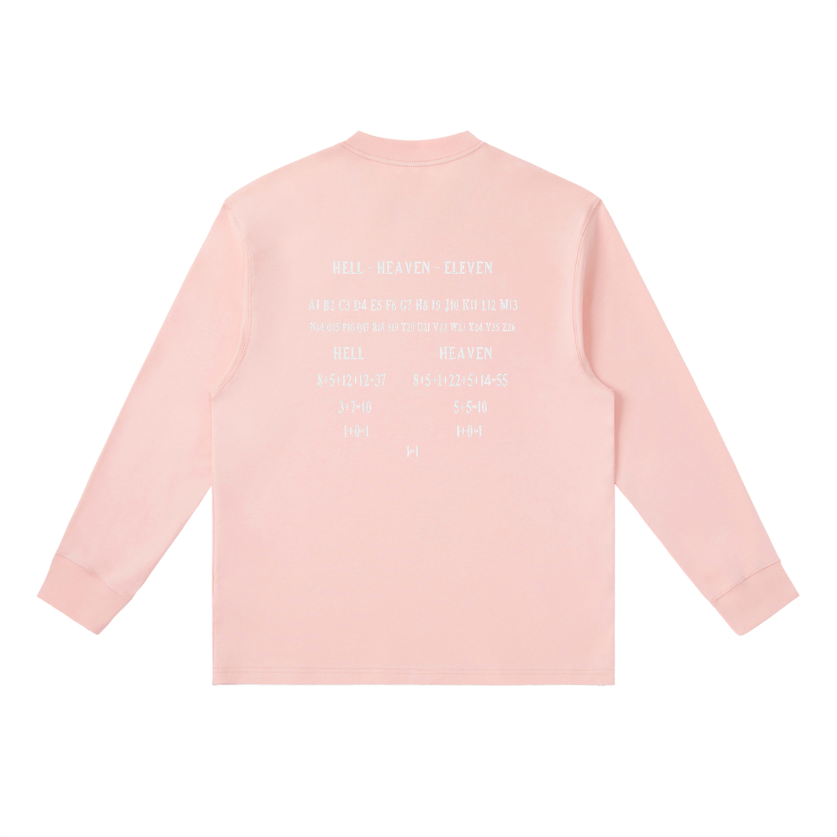 HE1=1EAVEN Alpha Numeric Reduction Embroidered Essential Crewneck Long-Sleeve T-Shirt