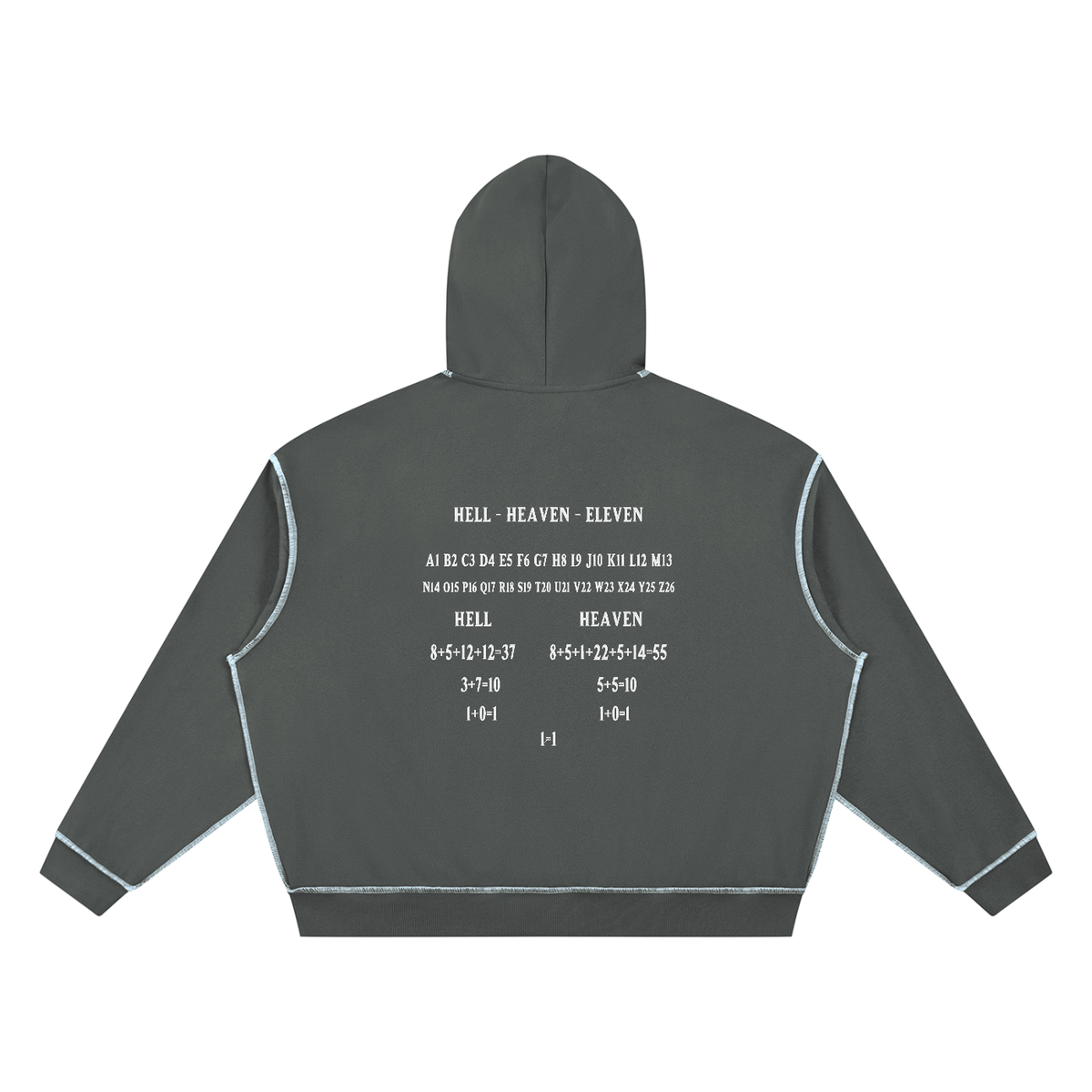 HE1=1EAVEN Alpha Numeric Reduction Embroidered Unisex Boxy Heavyweight Topstitch Hoodie