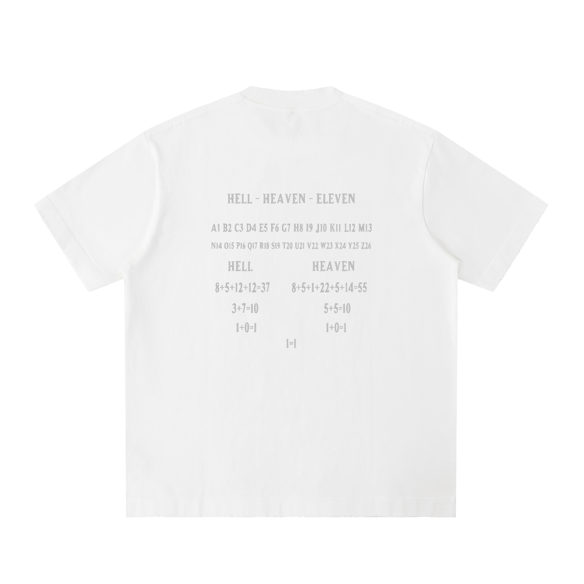 HE1=1EAVEN Alpha Numeric Reduction Embroidered Heavyweight Vintage Washed Frayed T-Shirt