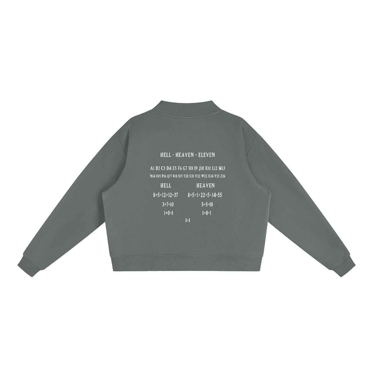 Women's HE1=1EAVEN Alpha Numeric Reduction Embroidered Essential Fleece Mock-Neck Crew Sweatshirt